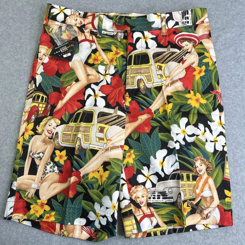 Loudmouth‎ Golf Shorts Size 34 Aloha Girls Tropical Pin Up Girl Woody Wagon NEW